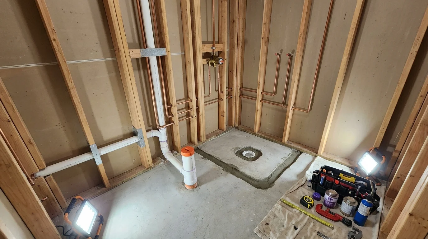 Bathroom rough-in plumbing during remodel by Johns Plumbing LLC in Miles City