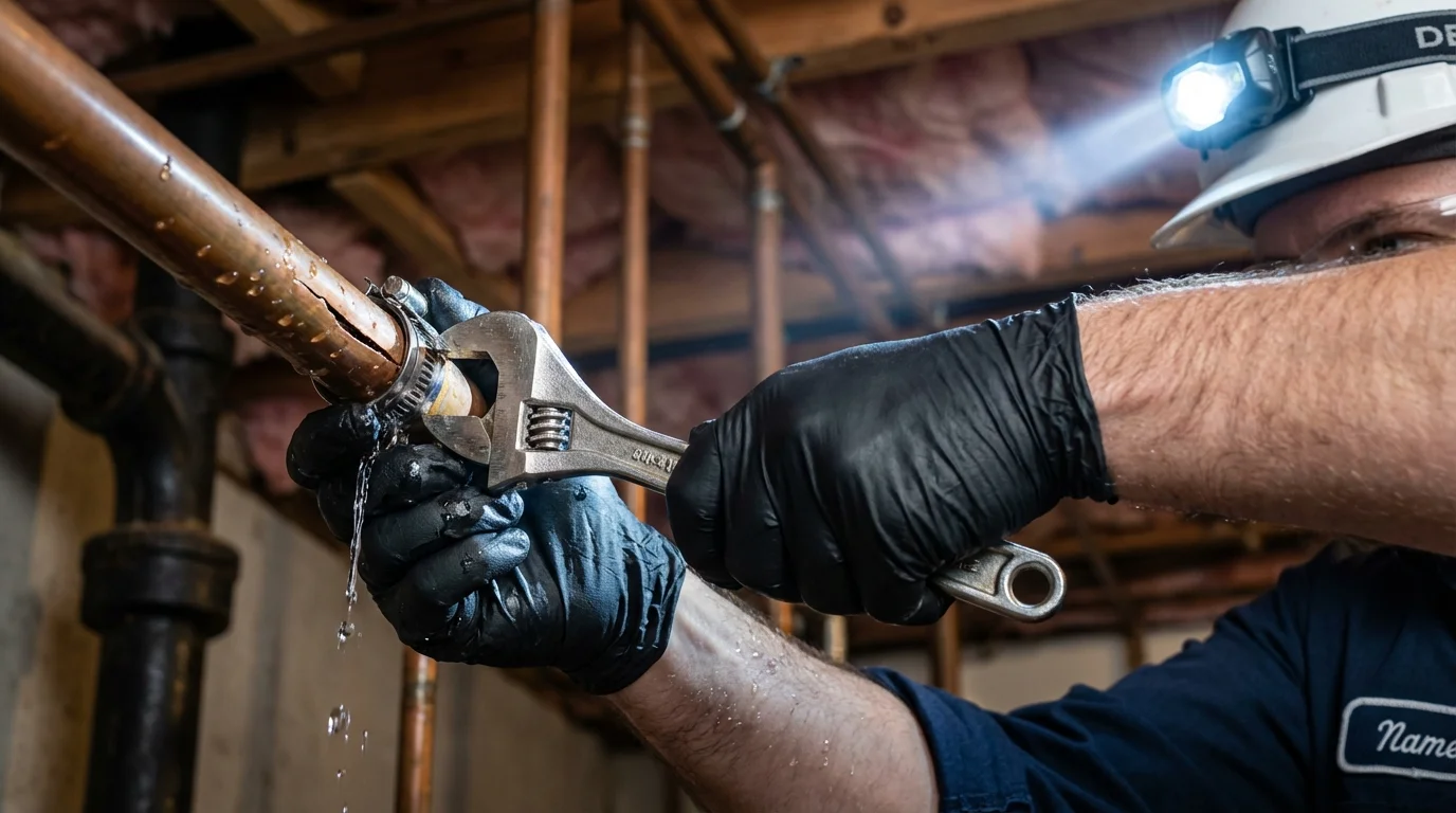 Emergency pipe clamp repair being performed by a Johns Plumbing LLC plumber in Miles City
