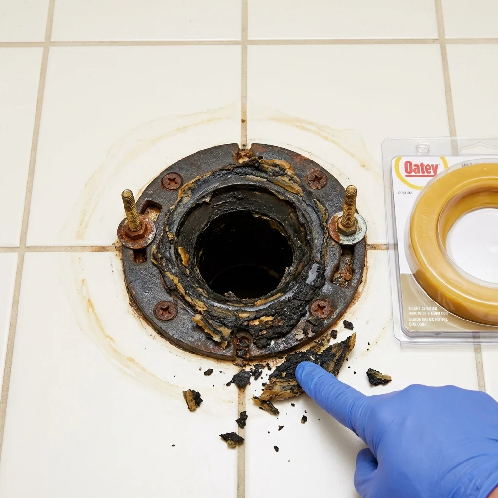 Failed wax ring showing water seepage at the base of a toilet in a Miles City, MT home